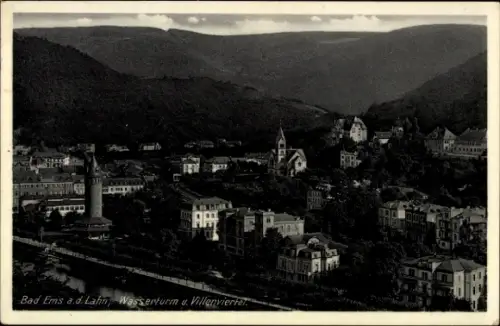 Ak Bad Ems an der Lahn,  Wasserturm, Villenviertel, Berge im Hintergrund