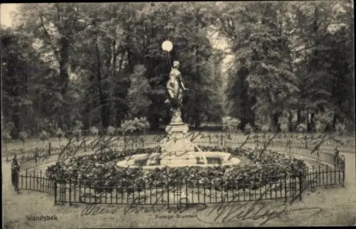 Ak Hamburg Wandsbek, Brunnen mit Statue, Gartenanlage,  Puvogel-Brunnen