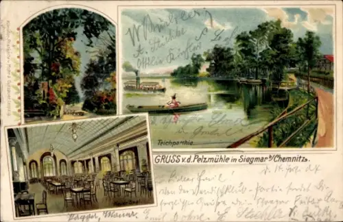 Litho Siegmar Chemnitz in Sachsen, Restaurant Pelzmühle, Neuer Saal, Waldweg, Teich