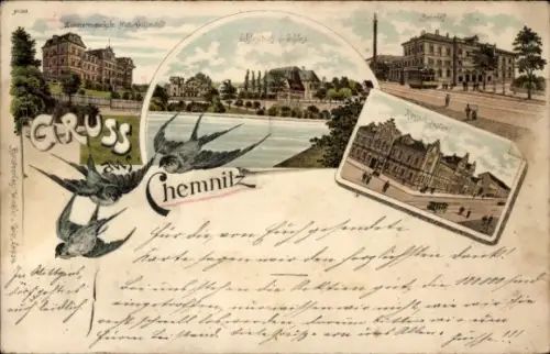 Litho Chemnitz in Sachsen, Naturheilanstalt, Schloss, Bahnhof, Post