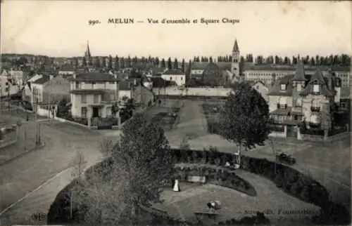 Ak Melun Seine et Marne,  Square Chapu, Stadtansicht, Bäume, Häuser