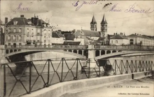 Ak Melun Seine et Marne, Brücke, Fluss, Gebäude, zwei Türme,  aus Melun