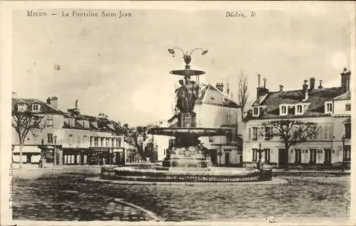 Ak Melun Seine et Marne, Brunnen Fontaine Saint-Jean,   Schwarz-Weiß-Aufnahme