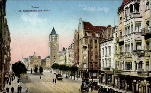 Ak Poznań Posen,  St. Martinstraße, Schloss,  Gebäude, Straßenansicht