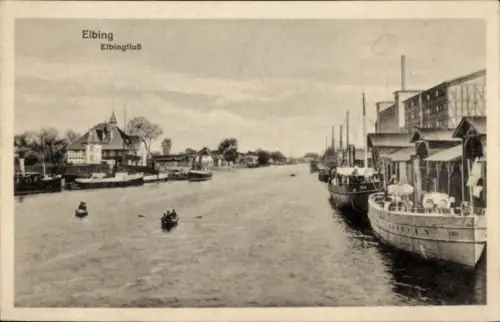Ak Elbląg Elbing Westpreußen,  Elbingfluß, Boote, Wasserstraße,  aus 1918