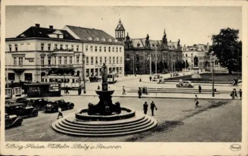 Ak Elbląg Elbing Westpreußen, Elbing-Kaiser-Wilhelm-Platz, Brunnen, Autos, Menschen