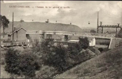 Ak Saint Ghislain Wallonien Hennegau, Chemin de fer aerien et terrils