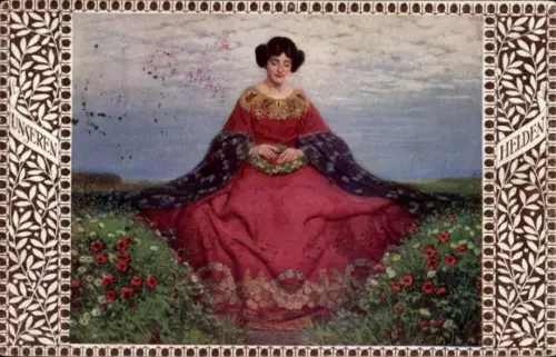 Künstler Passepartout Ak Munk, M., Frau in Kleid m. Kranz, Portrait, Blumenwiese, Soldatenwidmung