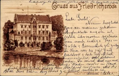 Künstler Ak Friedrichroda im Thüringer Wald, Schloss Reinhardsbrunn, Holzbrand Imitat