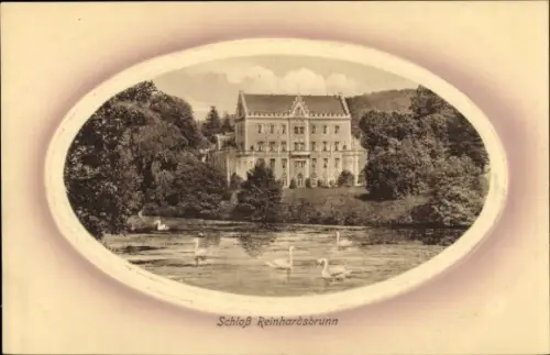 Ak Reinhardsbrunn Friedrichroda im Thüringer Wald, Schloß Reinhardsbrunn, Schloss, Teich, Schwäne