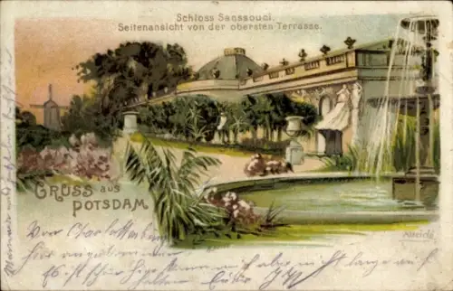 Künstler Litho Potsdam, Schloss Sanssouci, Seitenansicht von der obersten Terrasse