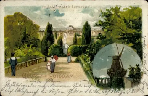 Litho Potsdam, Schloss Sanssouci, Schlosspark, Historische Mühle