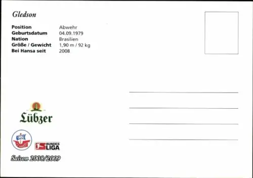 Autogrammkarte Fußballer Gledson, FC Hansa Rostock, Autogramm