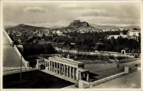 Ak Athen Griechenland, Blick auf das Stadion und die Akropolis, Treppe, Häuser