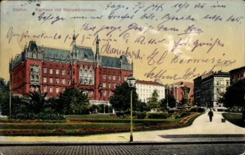 Ak Szczecin Stettin Pommern, Rathaus, Manzelbrunnen