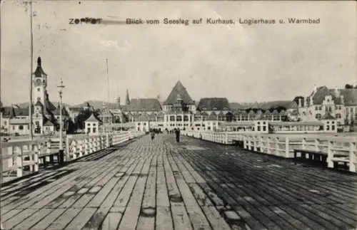 Ak Sopot Gdańsk Zoppot Danzig, Kurhaus, Logierhaus, Warmbad, Blick vom Seesteg