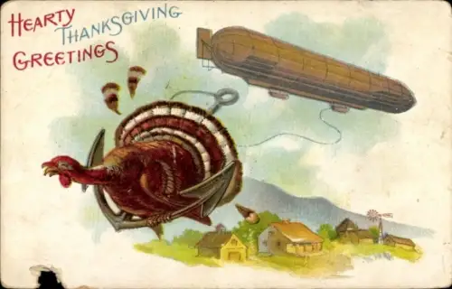 Präge Litho Thanksgiving, Zeppelin, Truthuhn