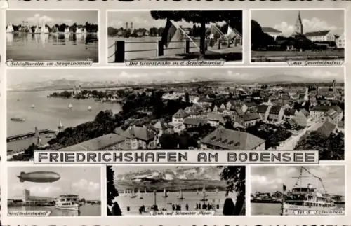 Ak Friedrichshafen am Bodensee, Schlosskirche, Hafenbahnhof, Zeppelin, MS Schwaben