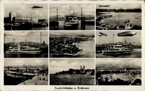 Ak Friedrichshafen am Bodensee, Zeppelin, Schiffe, Flugzeug, Panorama mit Alpen, Luftansicht