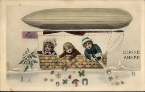 Ak Glückwunsch Neujahr, Zeppelin, Hufeisen, Pilz, Kleeblätter