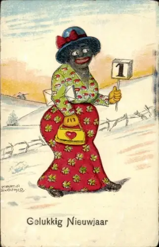 Künstler Ak Glückwunsch Neujahr, Frau mit Kalender, Glücksklee, Pilze, Handtasche