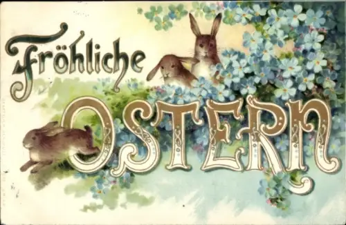 Litho Glückwunsch Ostern, Osterhasen, Vergissmeinnicht