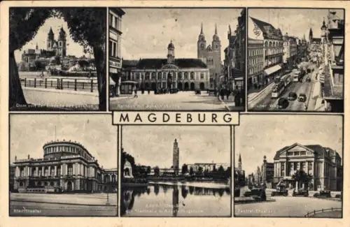 Ak Magdeburg an der Elbe, Johanniskirche, Dom, Rathaus, Stadttheater, Zentral-Theater, Straßenbahn