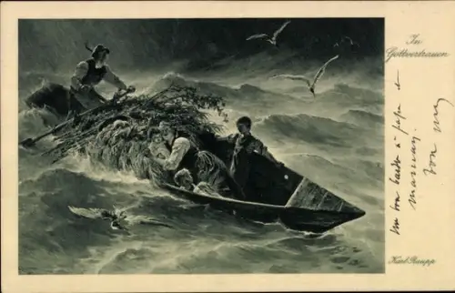 Künstler Ak Raupp, Karl, In Gottvertrauen, Boot auf stürmischem Wasser