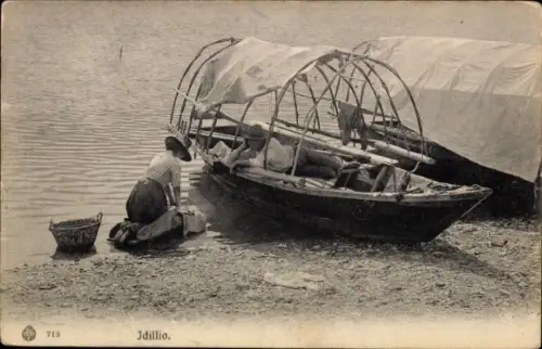Ak Schweiz, Idillio, Boote am Seeufer, Wäscherin