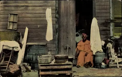 Ak Amerika, Haus dunkelhäutiger Amerikaner am Waschtag