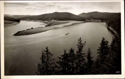 Ak Hohenwarte Thüringen, Saaletalsperre, Blick auf einen Fluss, Boot auf dem Wasser, bewaldete Hü