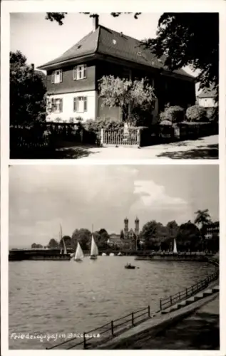 Ak Friedrichshafen am Bodensee, Haus, Bäume, Wasser, Segelboote, Schloss im Hintergrund