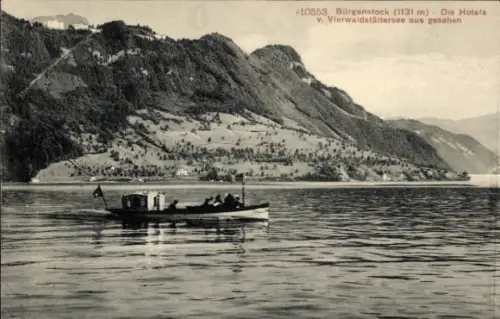 Ak Bürgenstock Kanton Nidwalden,  Vierwaldstättersee, Boot auf dem Wasser, Berge im Hintergrund