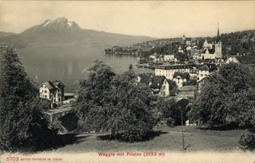 Ak Weggis Kanton Luzern,  Pilatus, See, Berge, Landschaft, Schwarz-Weiß-Foto