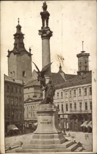Ak Lwiw Lwów Lemberg Léopol Ukraine, Denkmal für Adam Mickiewicz, Statue,  Gebäude