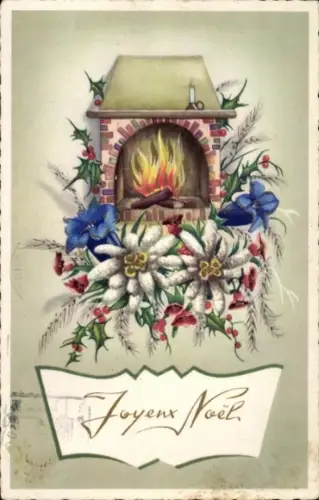 Ak Weihnachten, Kamin, Edelweiß, Enzian