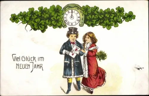 Ak Glückwunsch Neujahr, Kinder, Glücksklee, Uhr, Brief