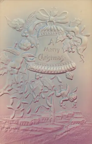Präge Ak Glückwunsch Weihnachten, Glocke, Engel, Dorfansicht