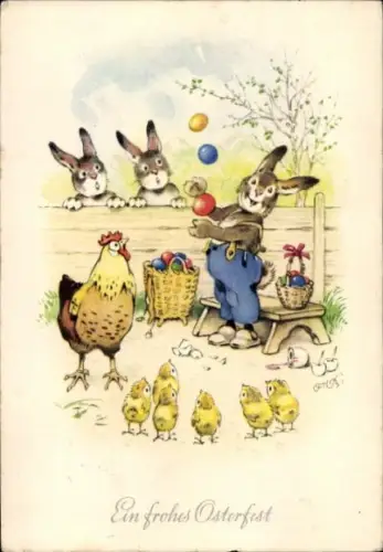 Künstler Ak Baumgarten, Fritz, Glückwunsch Ostern, Osterhase jongliert mit Ostereiern, Küken