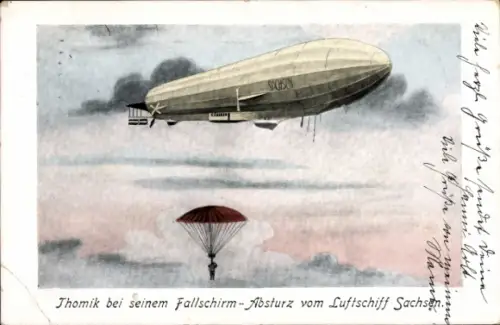 Ak Thomik bei seinem Fallschirm Absturz vom Luftschiff Sachsen, Zeppelin