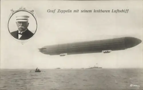 Ak Ferdinand Graf von Zeppelin, Portrait, Luftschiff LZ 3 über dem Bodensee