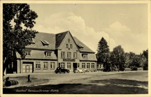 Ak Bornhöved in Holstein, Gasthof Rendswührender Mühle im Neumünster Land, Außenansicht, Autos