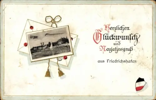 Wappen Passepartout Ak Friedrichshafen am Bodensee, Hafenpartie, Neujahr