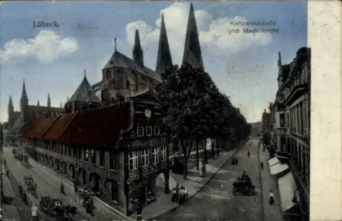 Ak Hansestadt Lübeck, Kanzleigebäude und Marienkirche