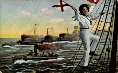Ak Deutsches Kriegsschiff, Kaiserliche Marine, Frau in Marinesoldat-Uniform