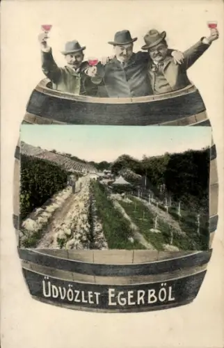 Passepartout Ak Eger Erlau Ungarn, Weinberg, Weinfass, Männer mit Weingläsern