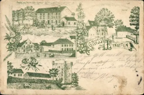 Litho Eynatten Wallonien Lüttich, Teilansichten, Gasthof, Turm