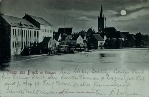 Mondschein Ak Bruck Erlangen in Mittelfranken Bayern, Teilansicht