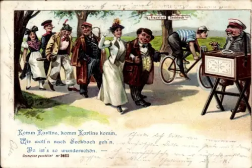 Litho Komm Karline, wir woll'n nach Seckbach gehn, Leierkasten, Drehorgel