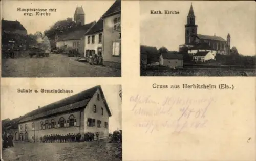 Ak Herbitzheim Elsass Bas Rhin, Hauptstraße, ev. Kirche, kath. Kirche, Schule, Gemeindehaus